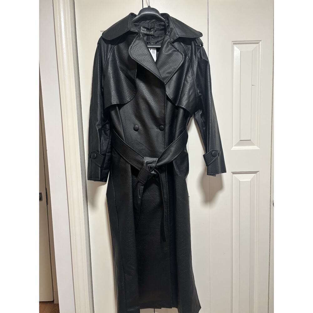 Black Faux Leather Trench Coat Long Belted Jacket Women Oversized Fall - Picture 3 of 9